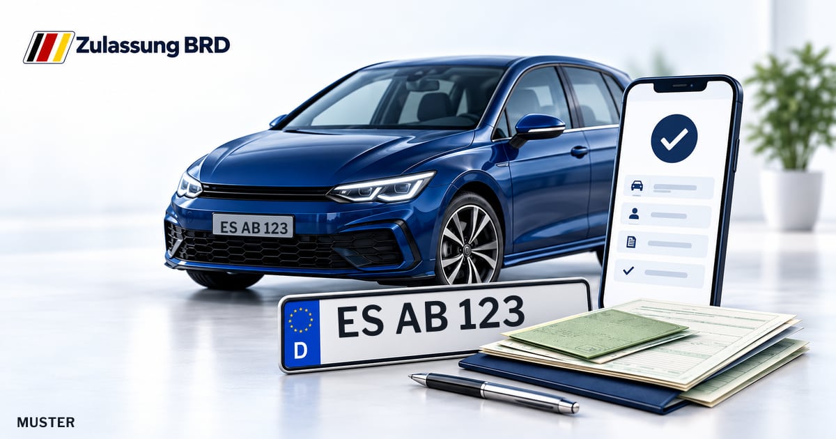 Online Fahrzeugzulassung in Neuhausen auf den Fildern: Musterkennzeichen ES AB 123, Auto und Fahrzeugpapiere und Smartphone. Illustration mit Logo von Zulassung BRD.